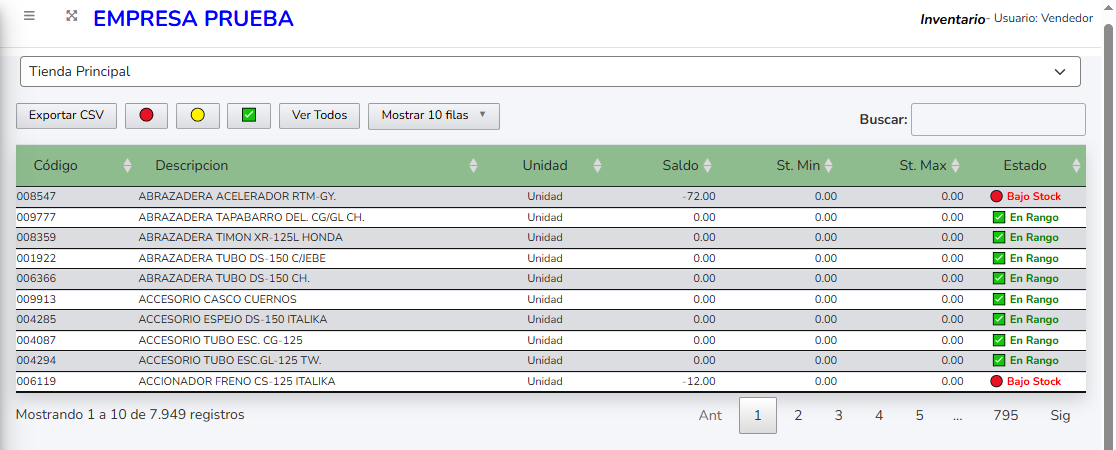 Vista del módulo de inventarios del sistema